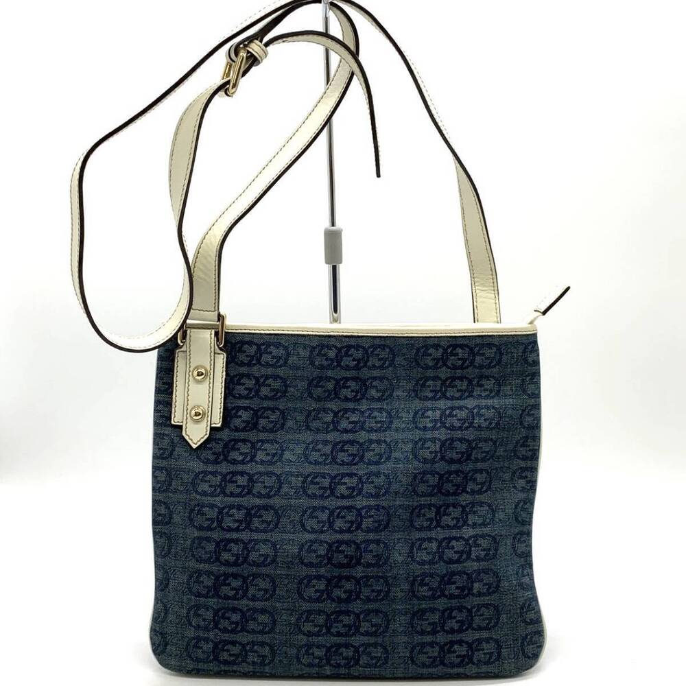 GUCCI Interlocking Denim Shoulder Bag Blue Navy Blue White